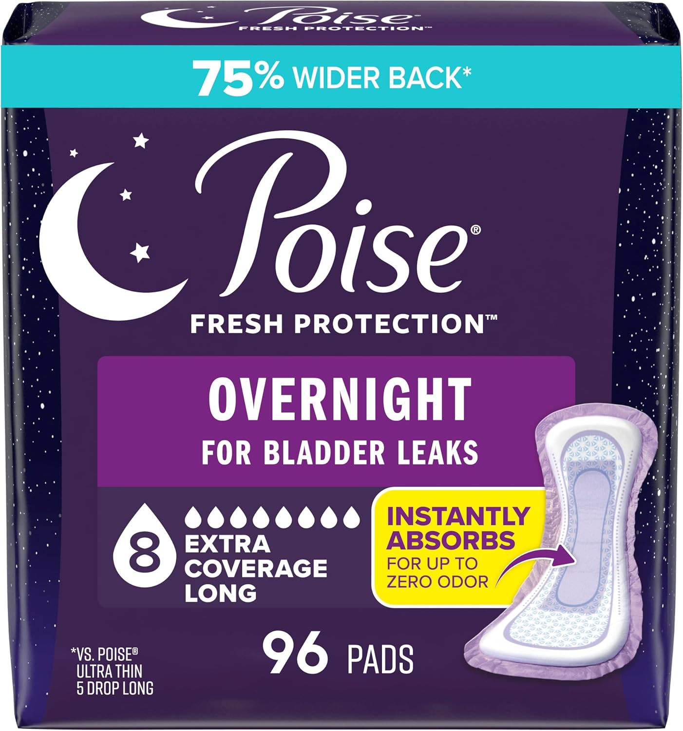 Poise Overnight Incontinence & Postpartum Pads for Bladder Leaks, 8 Drop Extra Coverage, 96 Count, Packaging May Vary